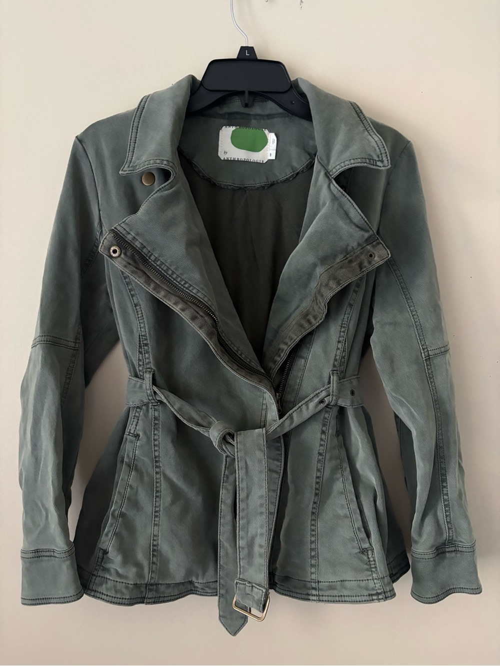 Anthropologie Washed Olive Utility Belted Jacket SZ. MP Good Condition